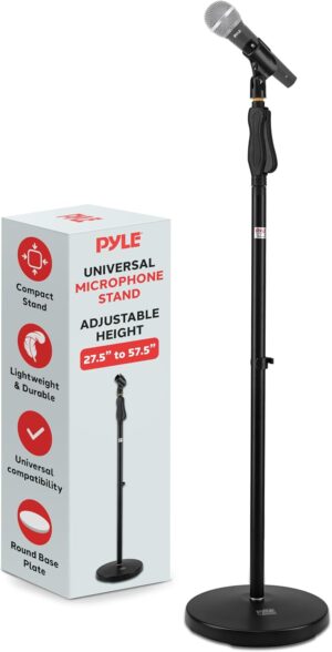 Pyle Universal Microphone Stand - M-6 Mic Mount Holder and Height Adjustable from 27.5” to 57.5” Inch High w/ Compact Round Base Plate - Quick Setting Lock-Tight Knob Lightweight and Reliable PMKS40